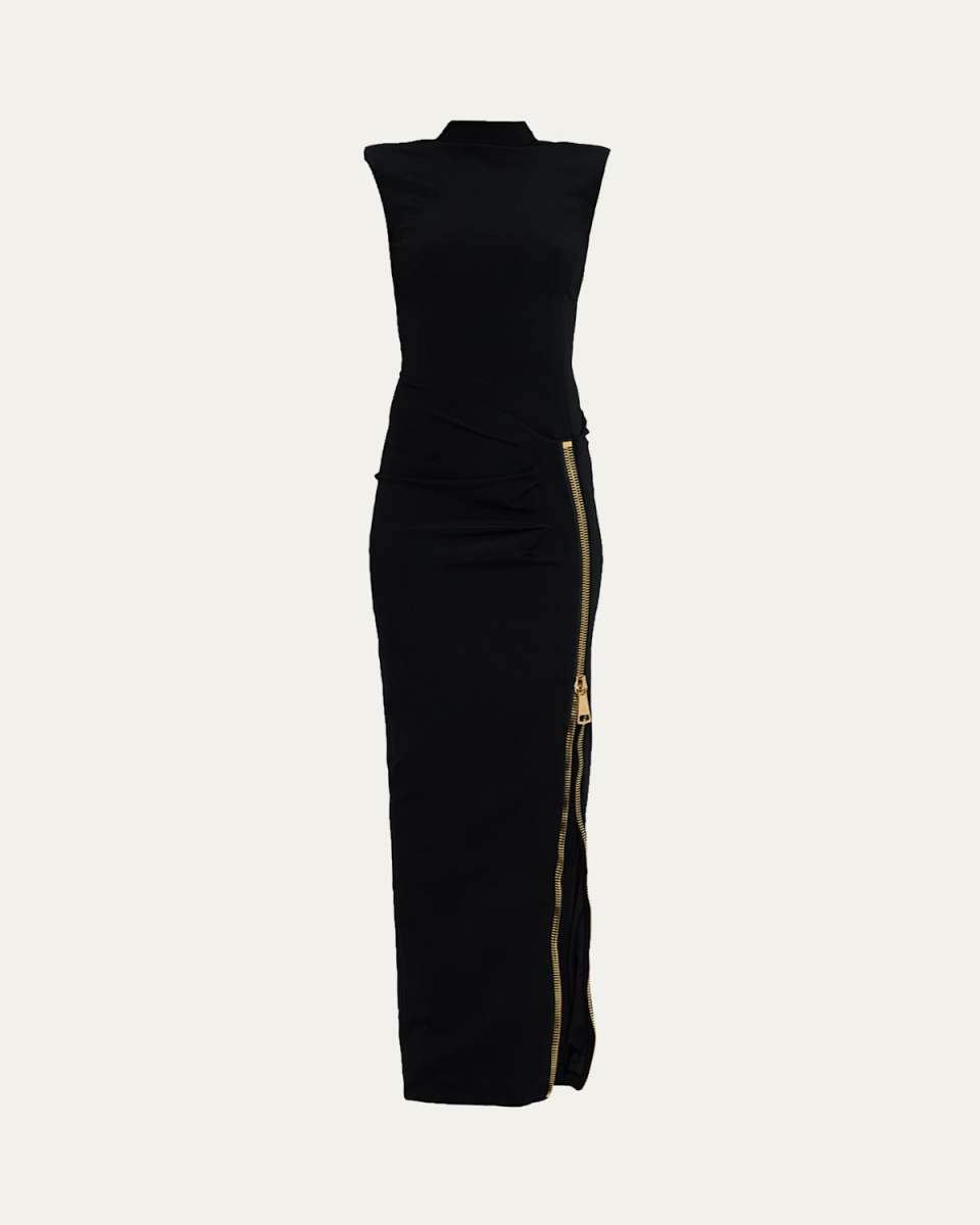 Mock-Neck Zip Slit Sleeveless Gown